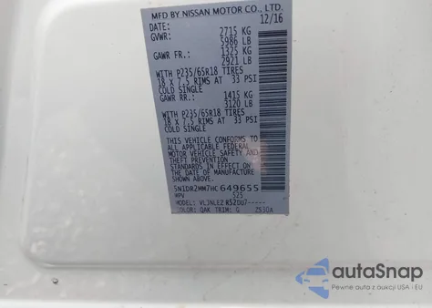 2017 Nissan Pathfinder Sv z USA, uszkodzony, nr VIN 5N1DR2MM7HC649655